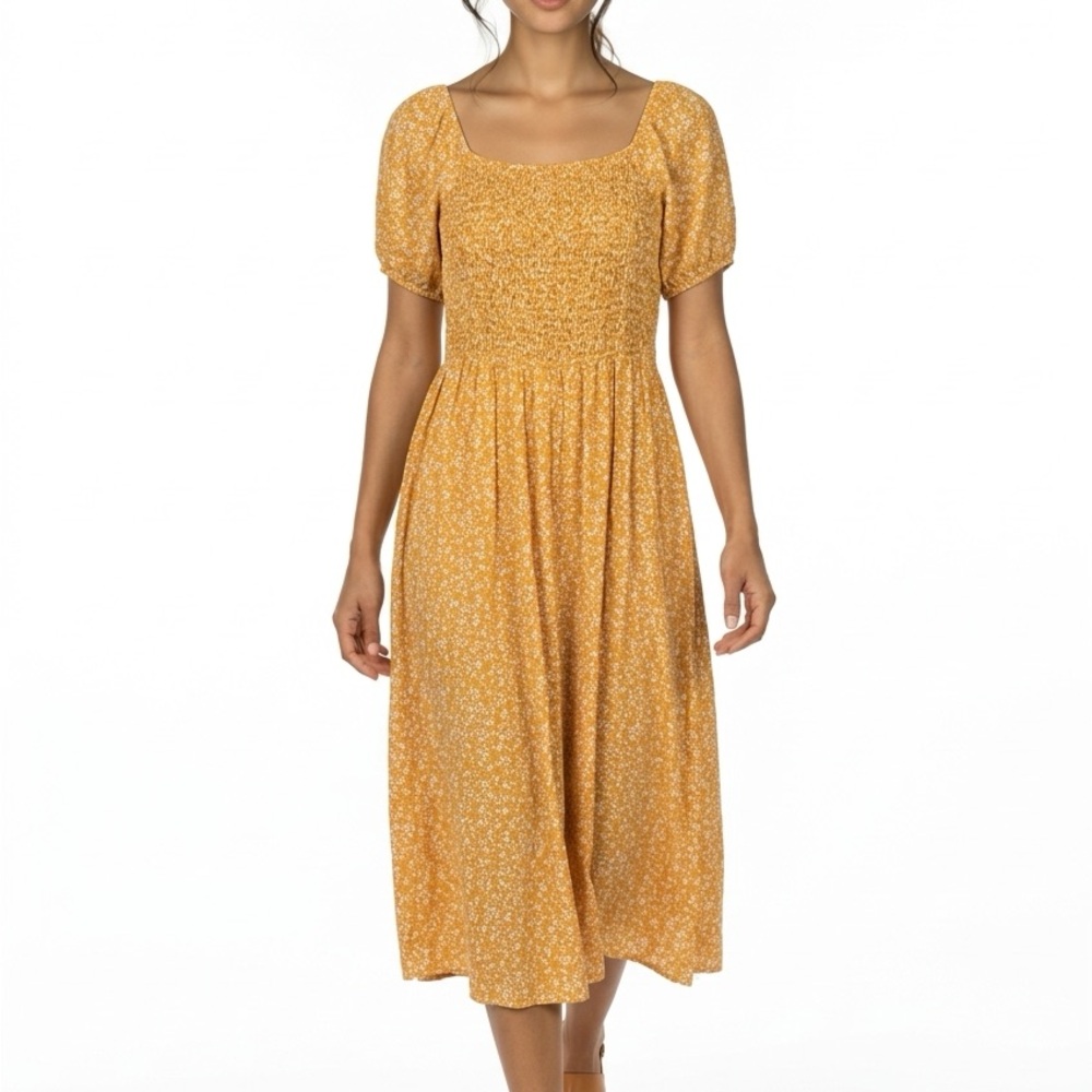 Mustard Yellow Floral Maxi Dress with Smocked Bodice